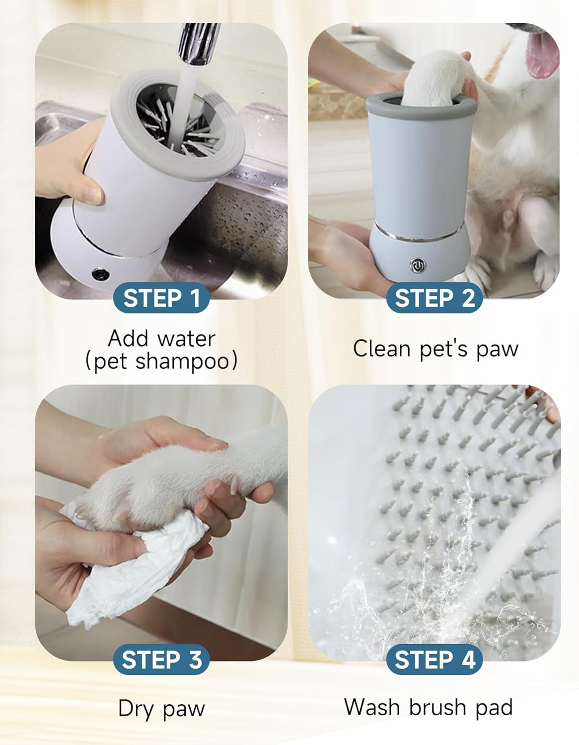 Automatic Pet Paw Cleaner and Massager with Electric Foot Washer Cup, USB Rechargeable, Two Speed Options for Small and Medium Dogs and Cats (White)