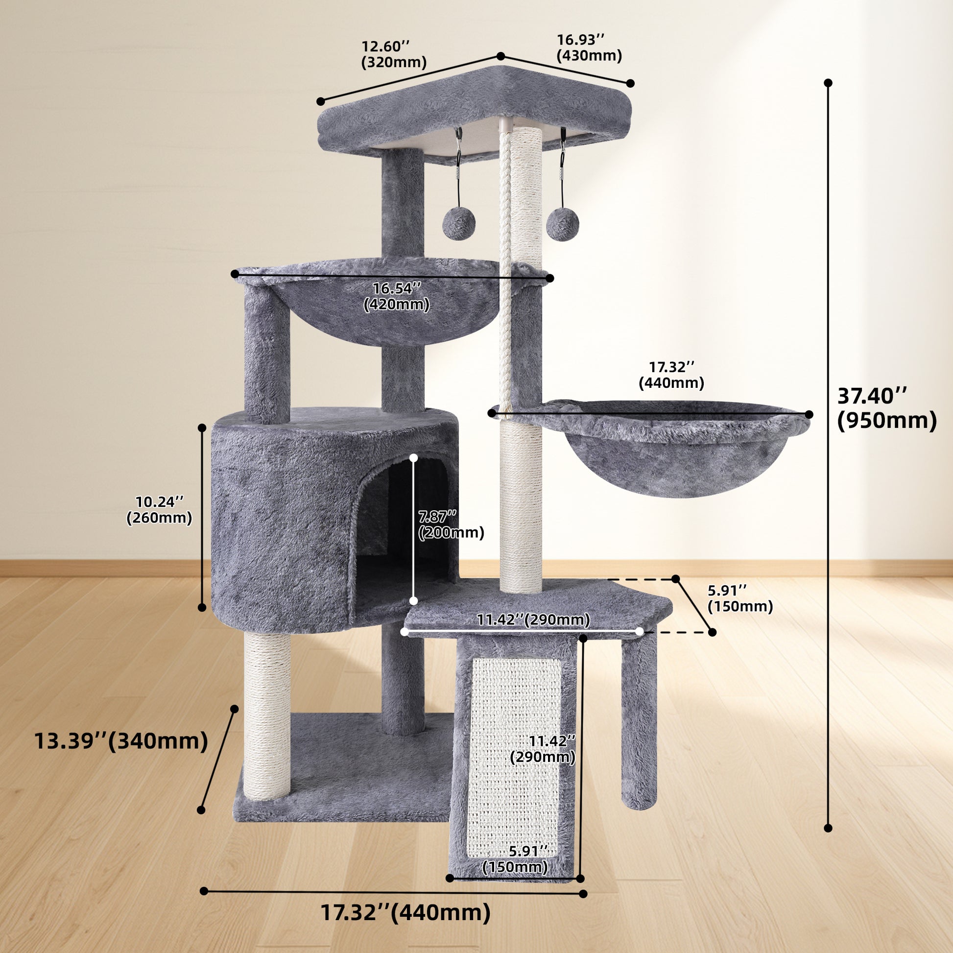 37.4-Inch Cat Tree Tower with Scratching Posts, Climbing Activity Center, Cat Condo, and Dual Hammocks in Grey