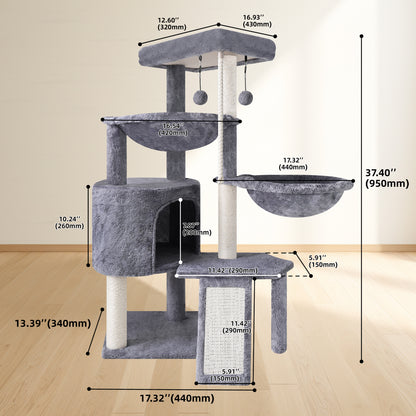 37.4-Inch Cat Tree Tower with Scratching Posts, Climbing Activity Center, Cat Condo, and Dual Hammocks in Grey
