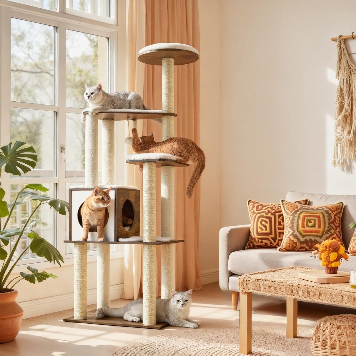 Modern 64.6-Inch Cat Tree Tower with Multi-Level Condo, 5 Scratching Posts, Perch, Washable Cushions, Cave - Rustic Brown UPCT166X01