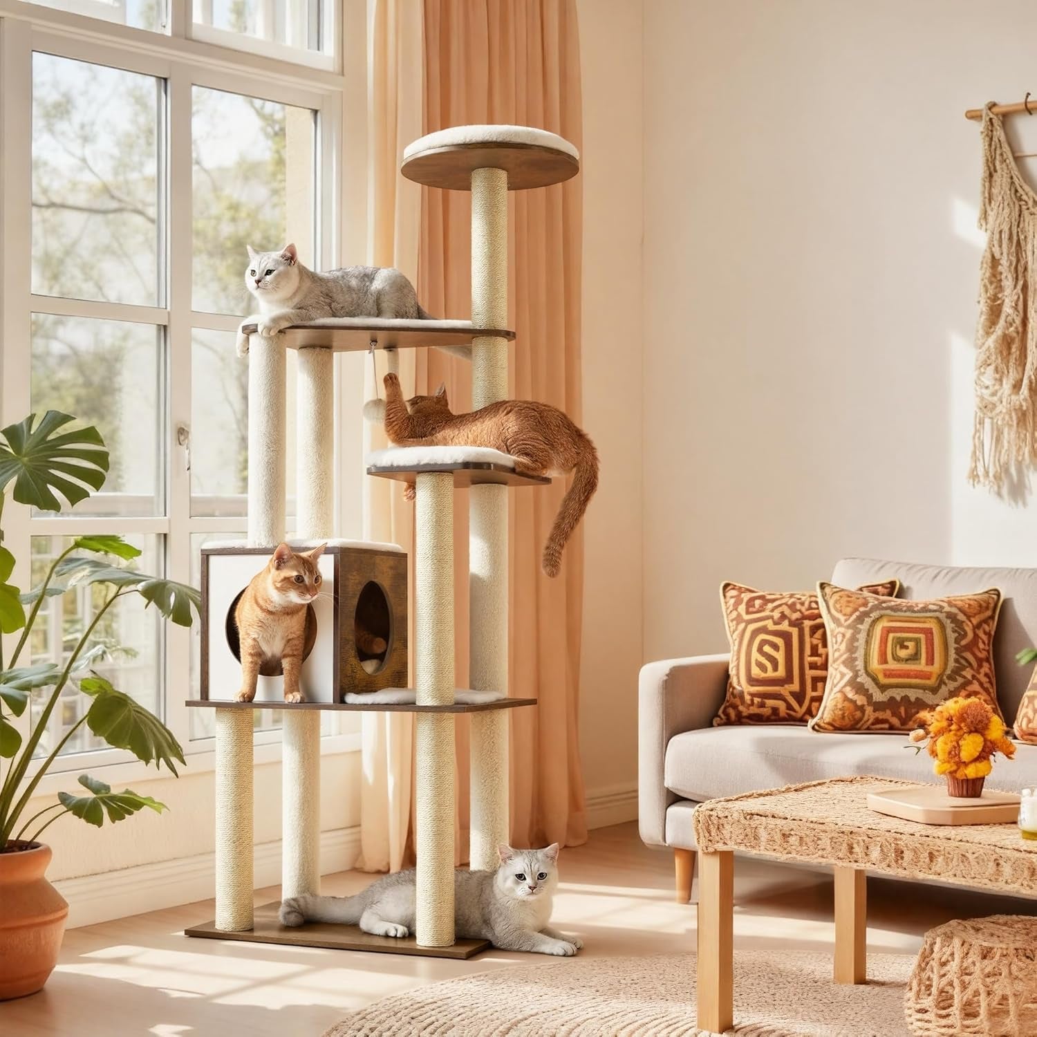 Modern 64.6-Inch Cat Tree Tower with Multi-Level Condo, 5 Scratching Posts, Perch, Washable Cushions, Cave - Rustic Brown UPCT166X01