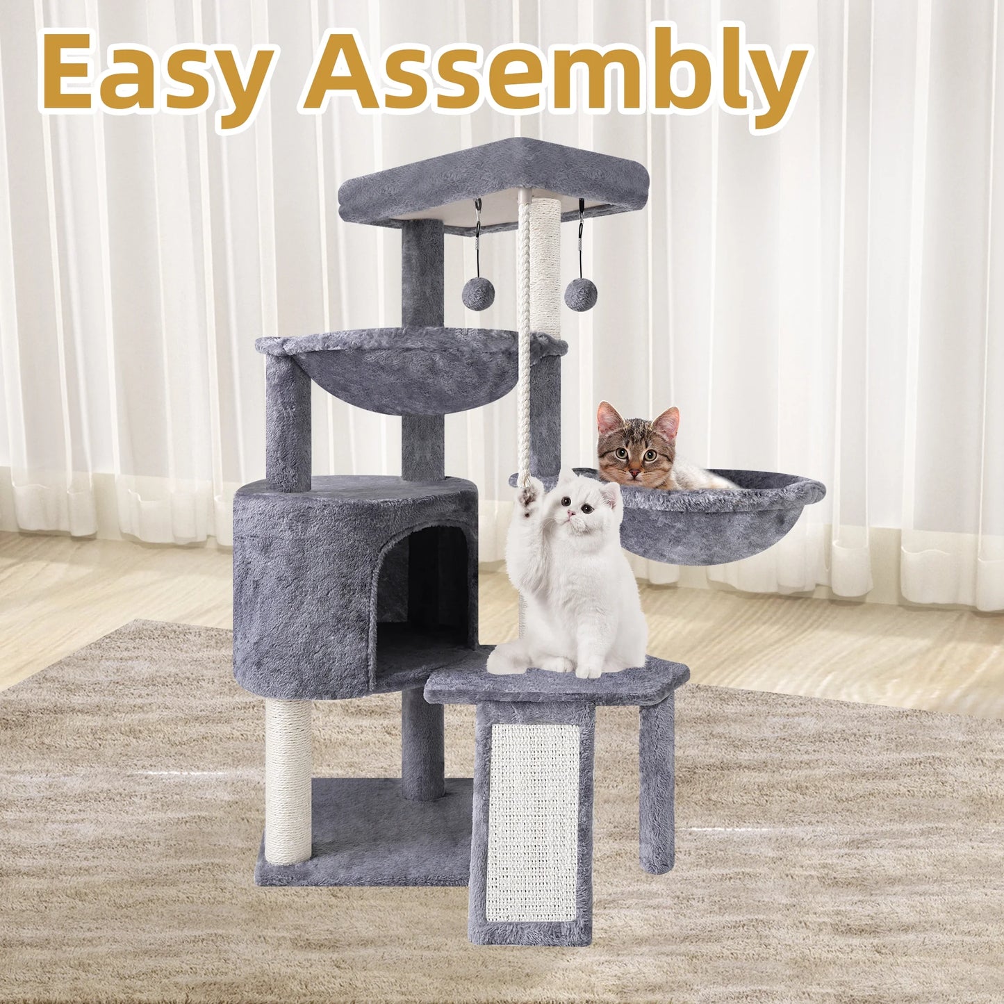 37.4-Inch Cat Tree Tower with Scratching Posts, Climbing Activity Center, Cat Condo, and Dual Hammocks in Grey