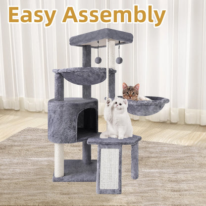 37.4-Inch Cat Tree Tower with Scratching Posts, Climbing Activity Center, Cat Condo, and Dual Hammocks in Grey