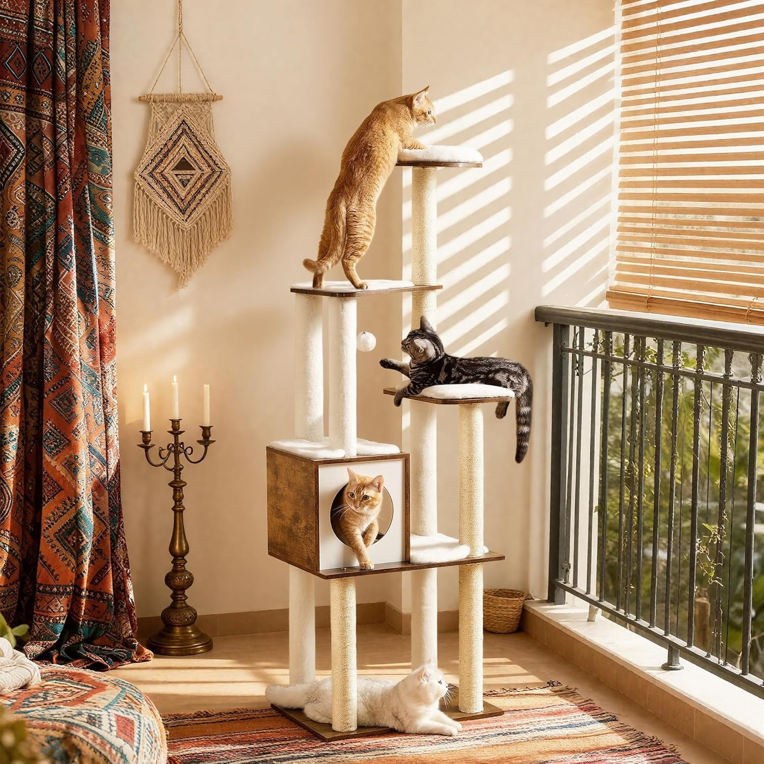 Modern 64.6-Inch Cat Tree Tower with Multi-Level Condo, 5 Scratching Posts, Perch, Washable Cushions, Cave - Rustic Brown UPCT166X01