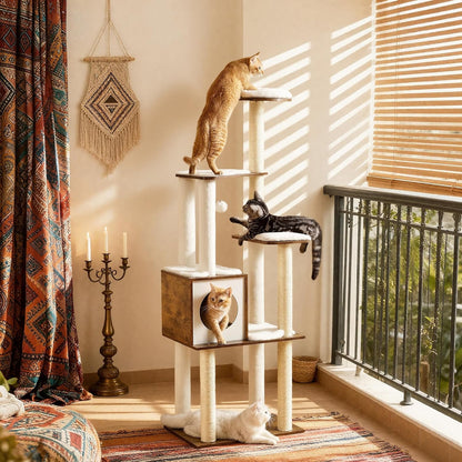 Modern 64.6-Inch Cat Tree Tower with Multi-Level Condo, 5 Scratching Posts, Perch, Washable Cushions, Cave - Rustic Brown UPCT166X01