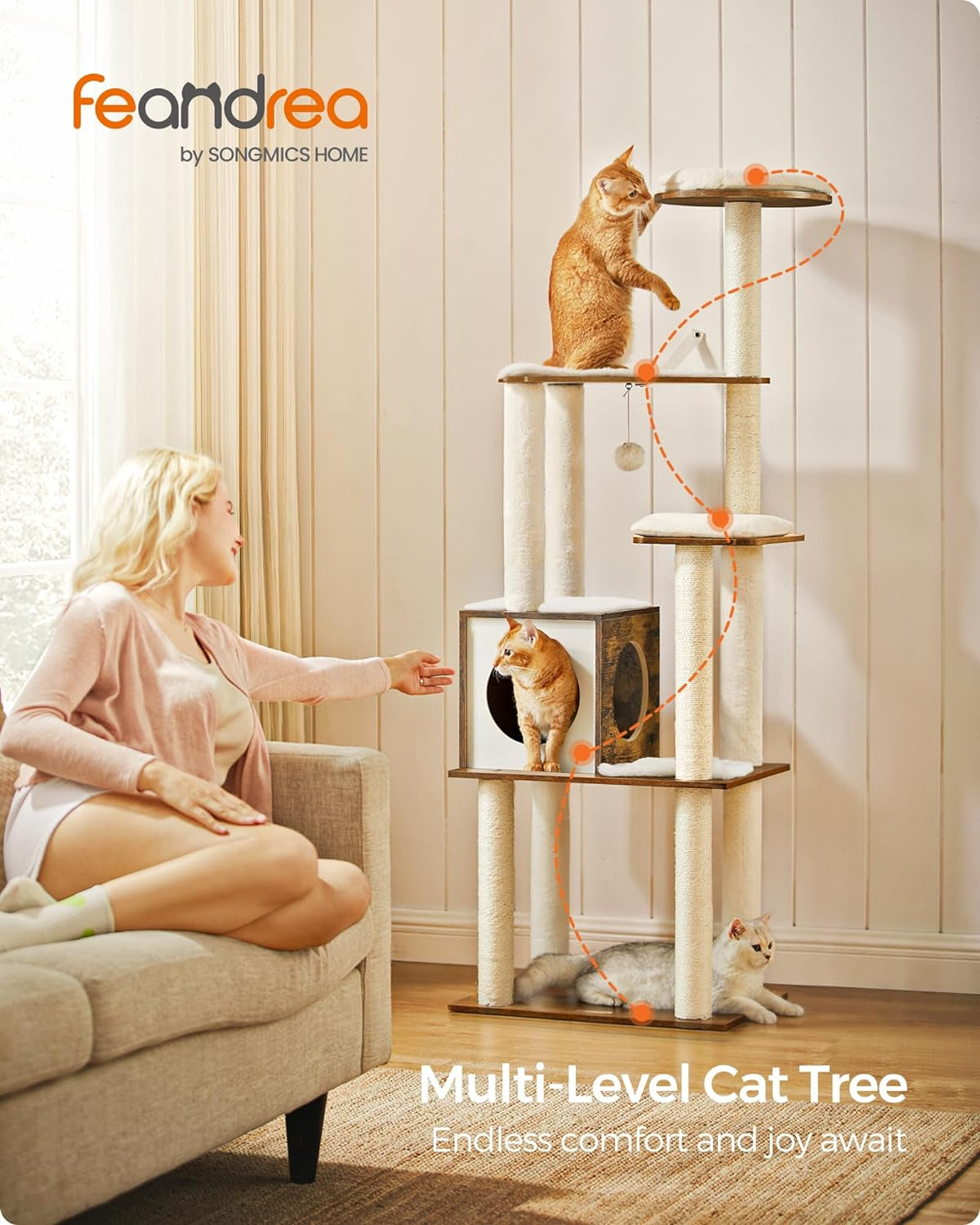 Modern 64.6-Inch Cat Tree Tower with Multi-Level Condo, 5 Scratching Posts, Perch, Washable Cushions, Cave - Rustic Brown UPCT166X01