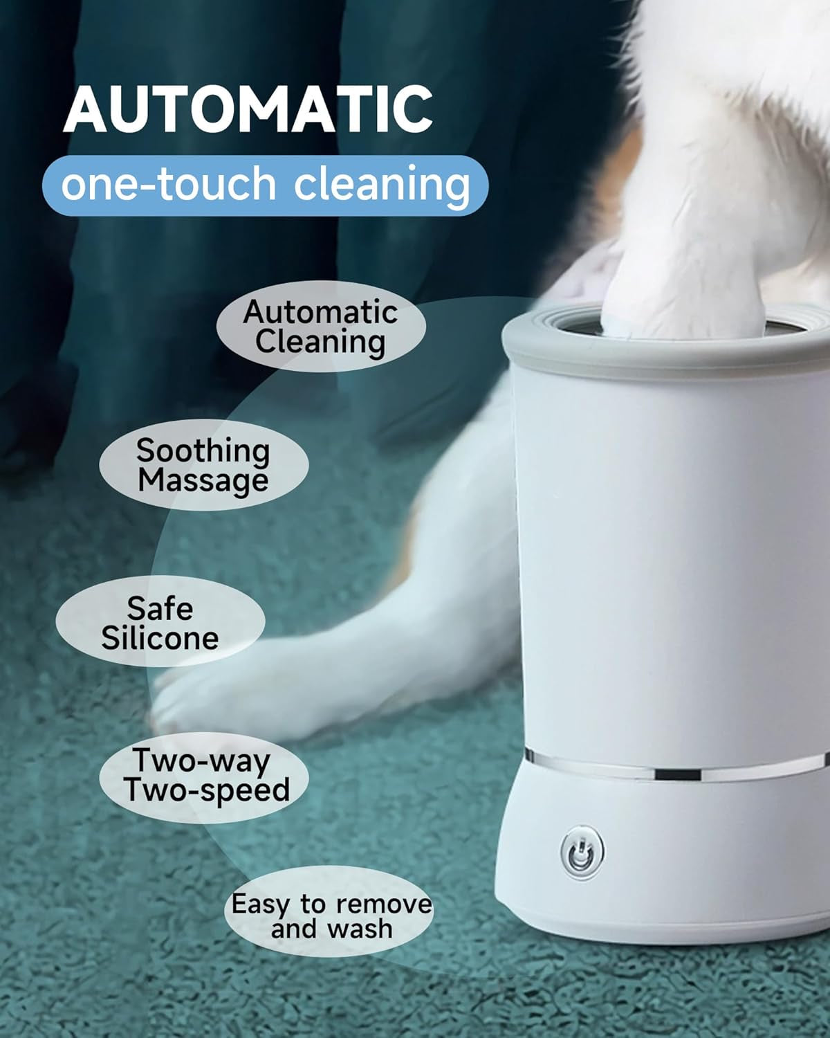 Automatic Pet Paw Cleaner and Massager with Electric Foot Washer Cup, USB Rechargeable, Two Speed Options for Small and Medium Dogs and Cats (White)