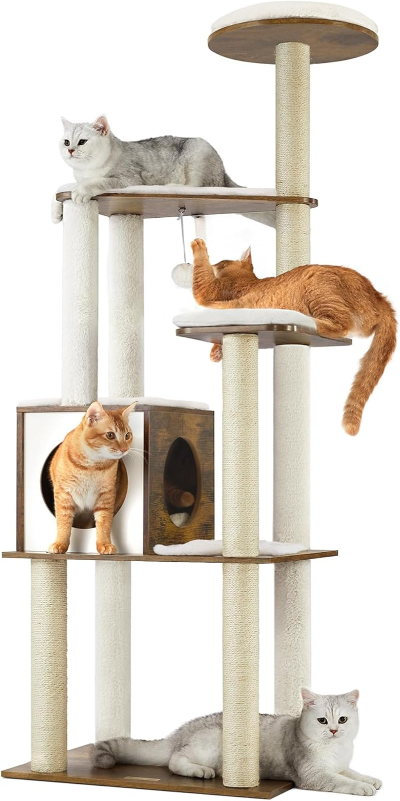 Modern 64.6-Inch Cat Tree Tower with Multi-Level Condo, 5 Scratching Posts, Perch, Washable Cushions, Cave - Rustic Brown UPCT166X01