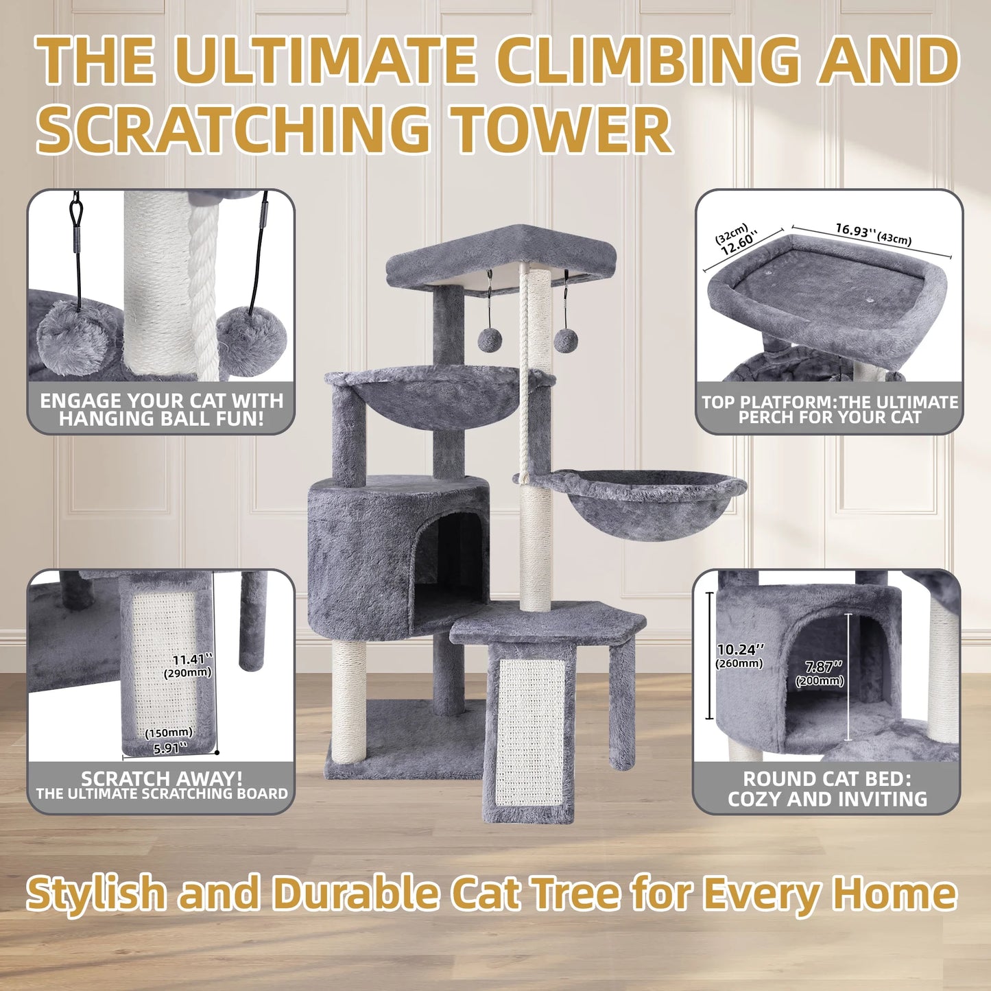 37.4-Inch Cat Tree Tower with Scratching Posts, Climbing Activity Center, Cat Condo, and Dual Hammocks in Grey