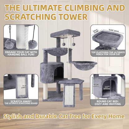 37.4-Inch Cat Tree Tower with Scratching Posts, Climbing Activity Center, Cat Condo, and Dual Hammocks in Grey