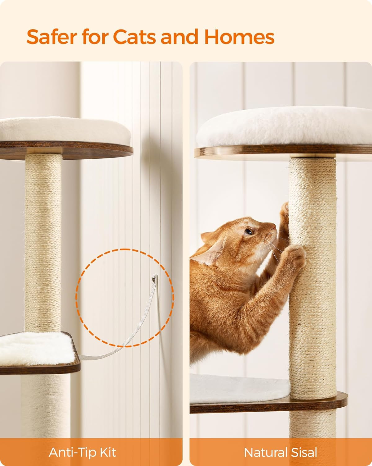 Modern 64.6-Inch Cat Tree Tower with Multi-Level Condo, 5 Scratching Posts, Perch, Washable Cushions, Cave - Rustic Brown UPCT166X01