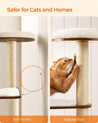 Modern 64.6-Inch Cat Tree Tower with Multi-Level Condo, 5 Scratching Posts, Perch, Washable Cushions, Cave - Rustic Brown UPCT166X01