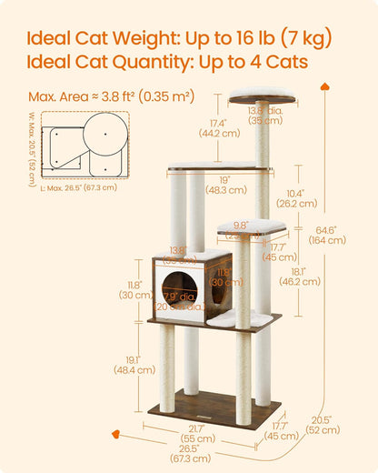 Modern 64.6-Inch Cat Tree Tower with Multi-Level Condo, 5 Scratching Posts, Perch, Washable Cushions, Cave - Rustic Brown UPCT166X01