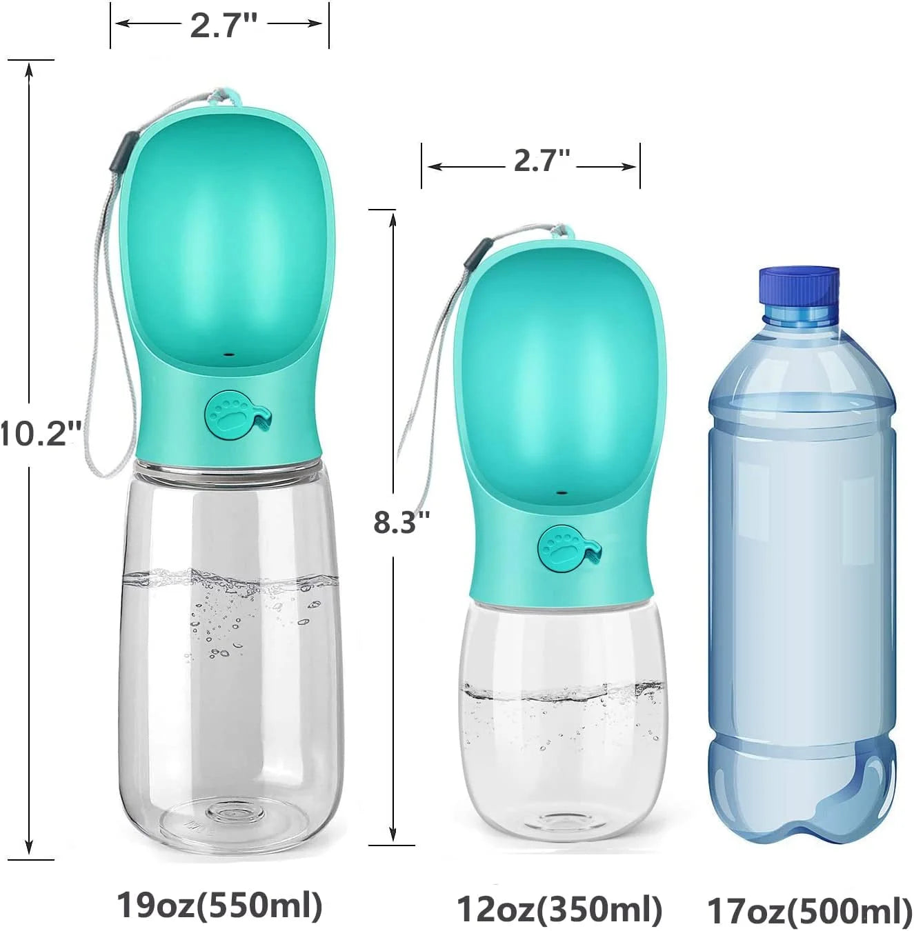 8.3 x 2.5-Inch Dog Water Bottle, 12 oz Leak-Proof Portable Pet Water Dispenser with Drinking Feeder for Outdoor Activities, Made from Food-Grade Plastic - Blue