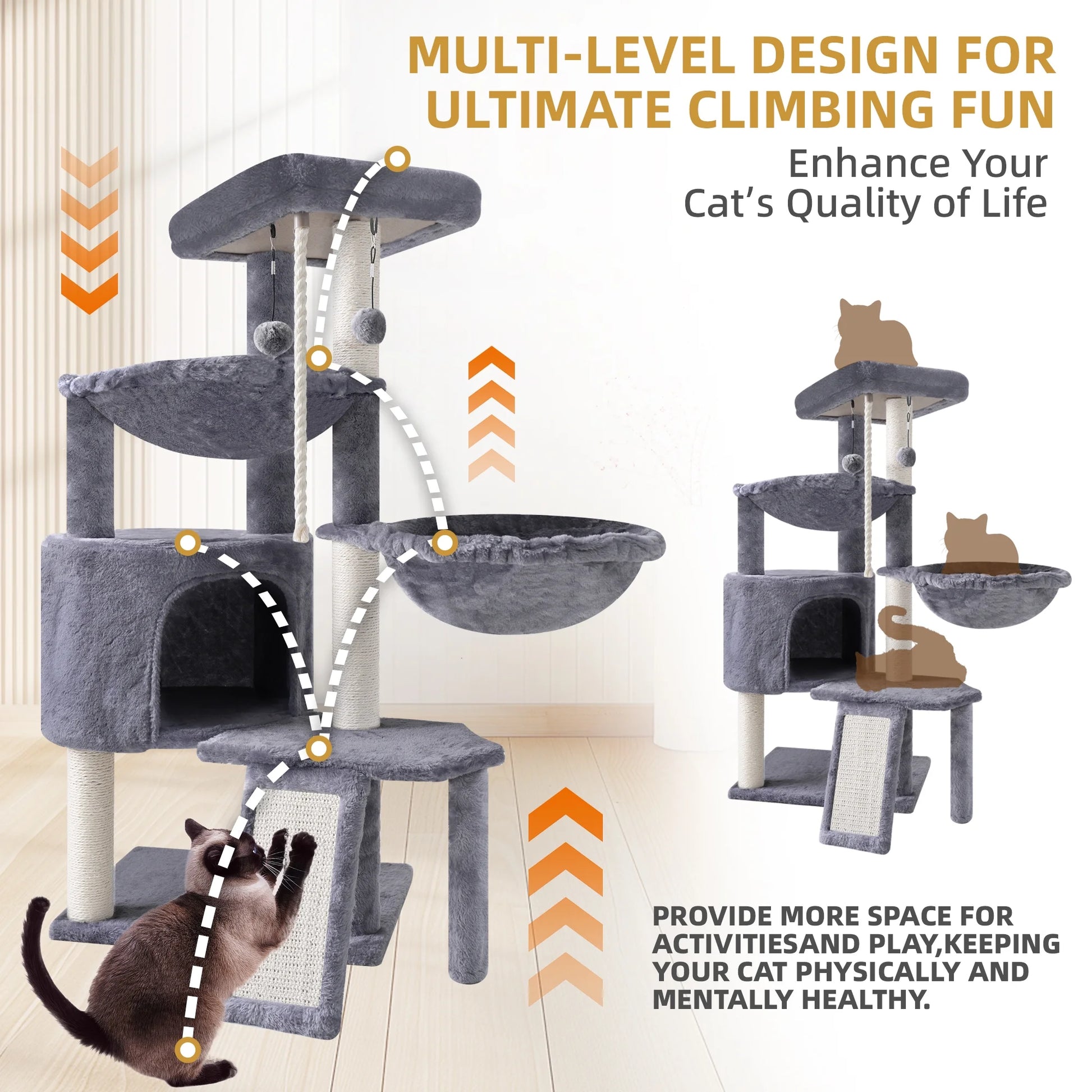 37.4-Inch Cat Tree Tower with Scratching Posts, Climbing Activity Center, Cat Condo, and Dual Hammocks in Grey