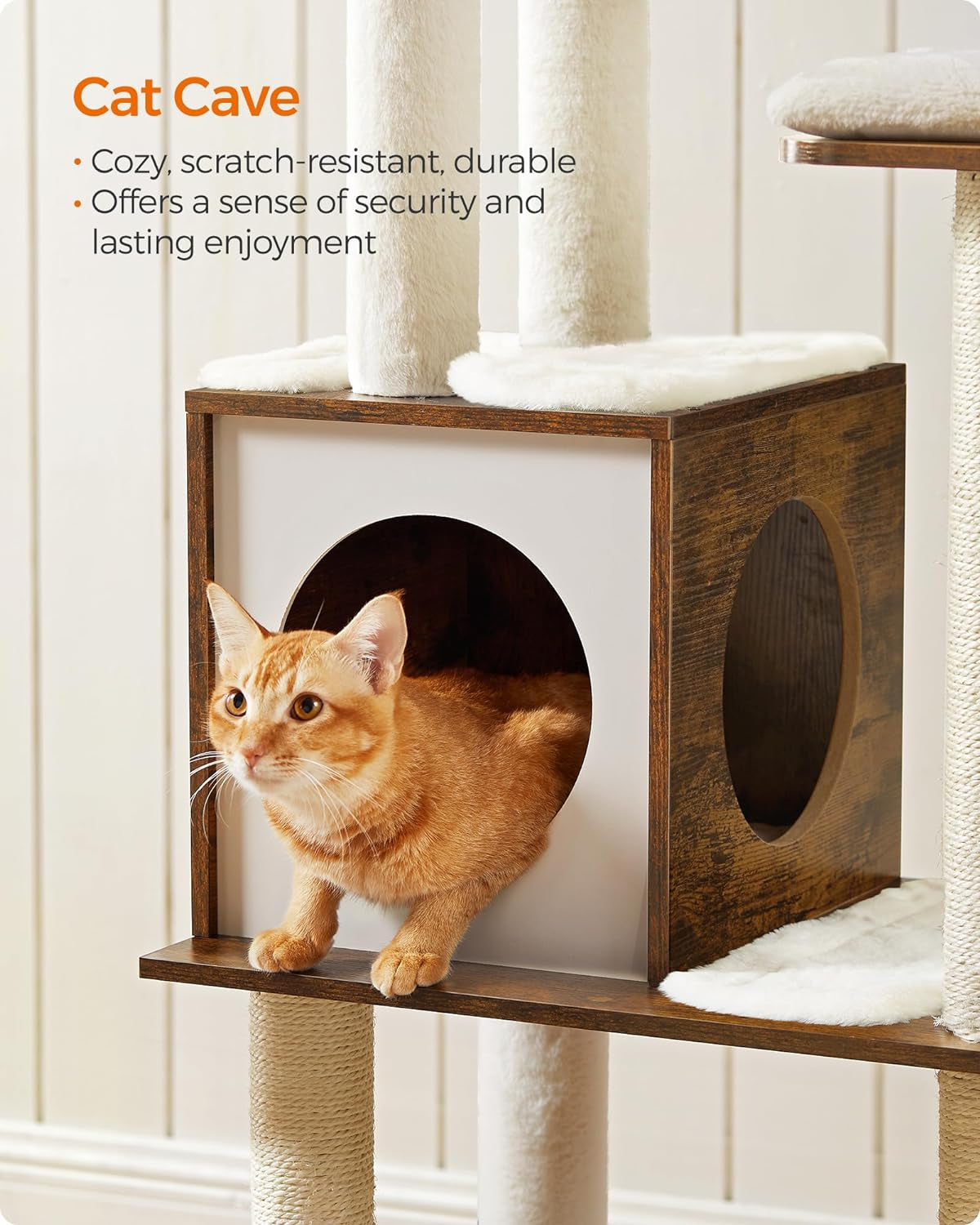 Modern 64.6-Inch Cat Tree Tower with Multi-Level Condo, 5 Scratching Posts, Perch, Washable Cushions, Cave - Rustic Brown UPCT166X01