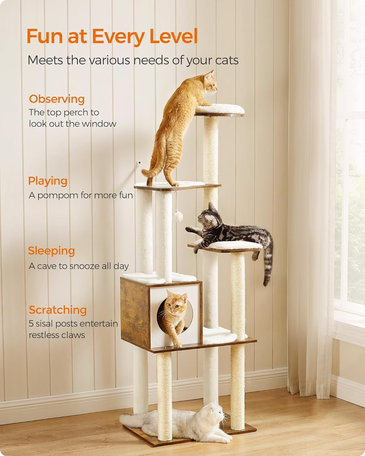 Modern 64.6-Inch Cat Tree Tower with Multi-Level Condo, 5 Scratching Posts, Perch, Washable Cushions, Cave - Rustic Brown UPCT166X01