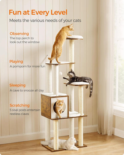 Modern 64.6-Inch Cat Tree Tower with Multi-Level Condo, 5 Scratching Posts, Perch, Washable Cushions, Cave - Rustic Brown UPCT166X01